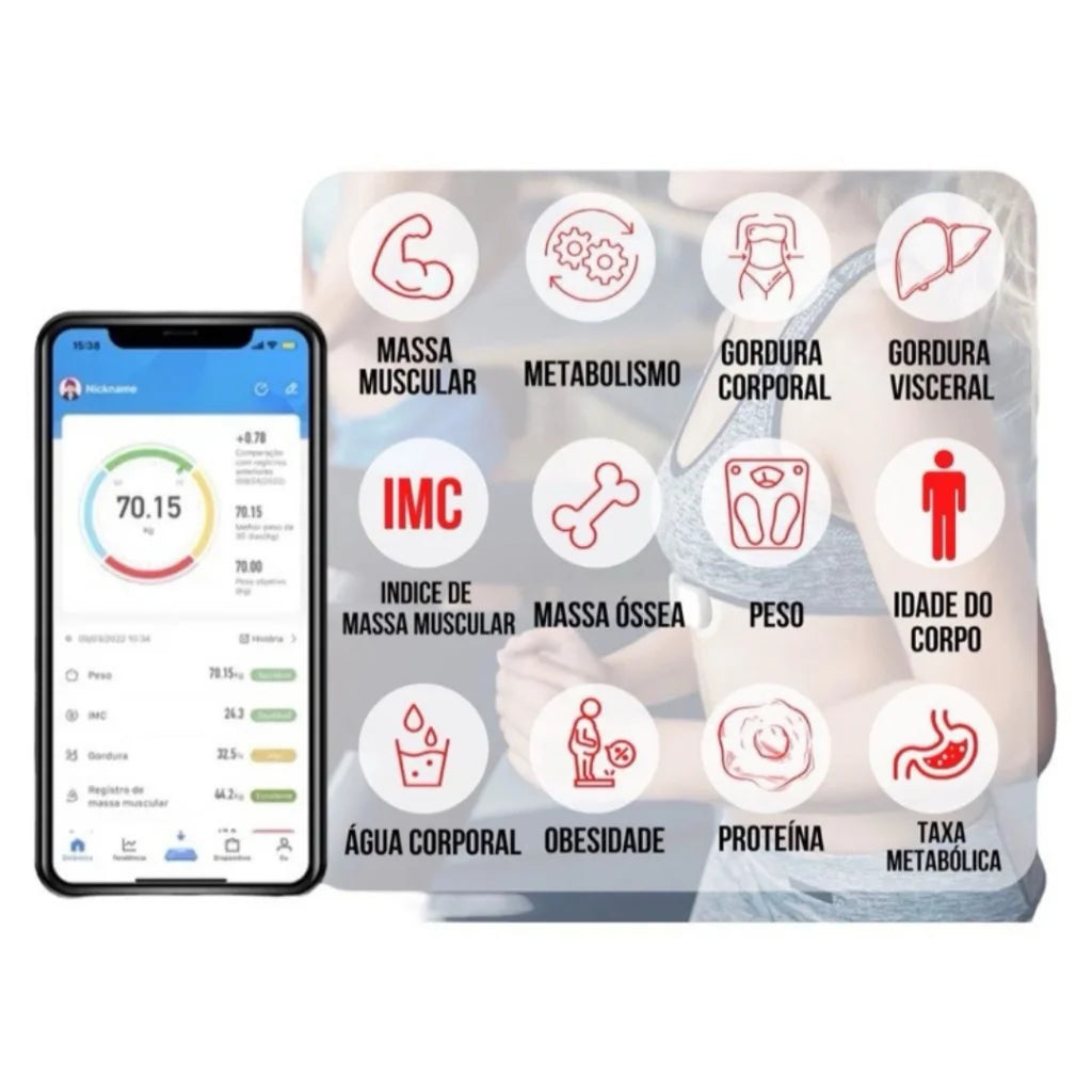 Balança Digital de Bioimpedância com Bluetooth para o Corpo, até 180 kg, Resultado no Celular