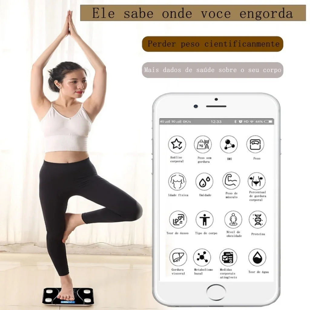 Balança Digital de Bioimpedância com Bluetooth para o Corpo, até 180 kg, Resultado no Celular