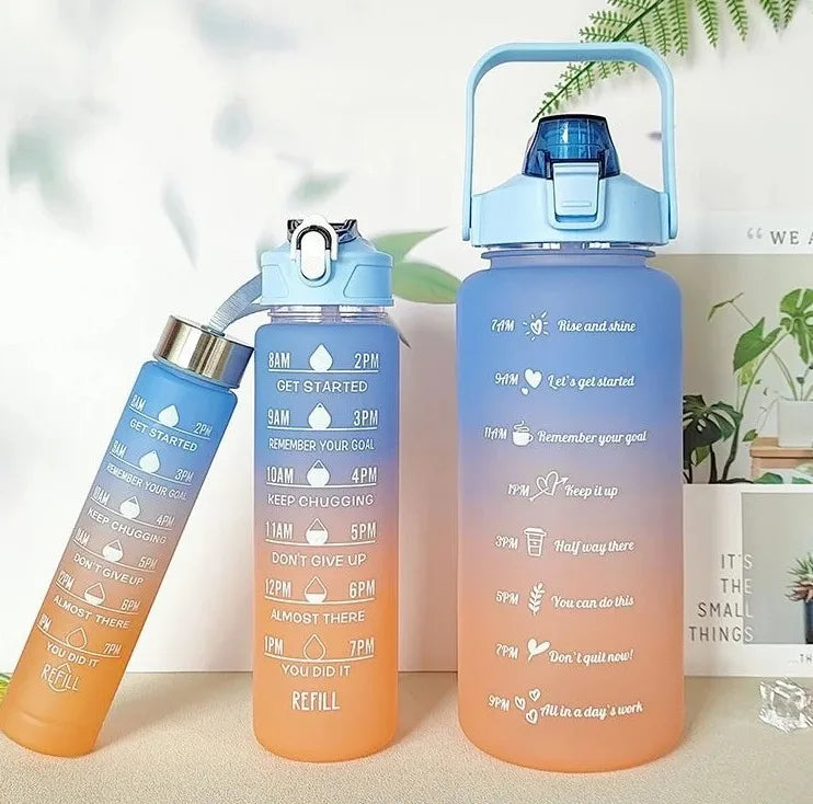 KIT 3 GARRAFAS 2 Litros 900ml 300ml Squeeze com Frases Motivacionais Adesivos 2D 3D