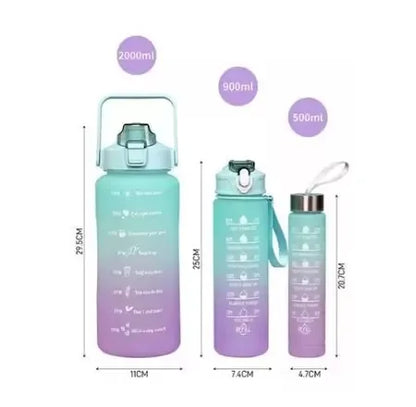 KIT 3 GARRAFAS 2 Litros 900ml 300ml Squeeze com Frases Motivacionais Adesivos 2D 3D