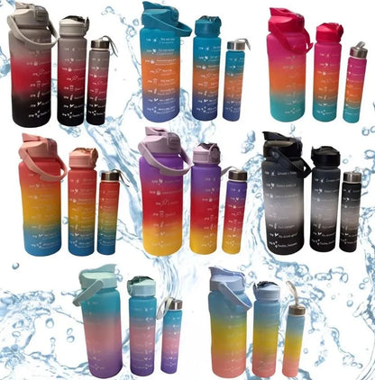 KIT 3 GARRAFAS 2 Litros 900ml 300ml Squeeze com Frases Motivacionais Adesivos 2D 3D