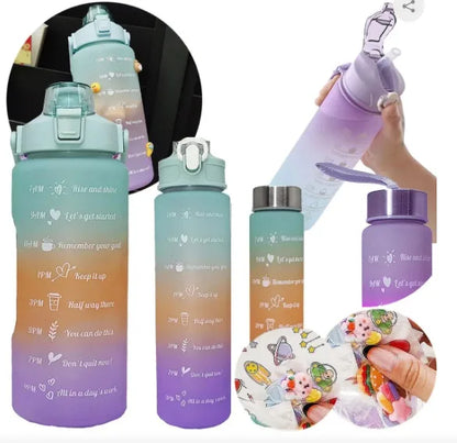 KIT 3 GARRAFAS 2 Litros 900ml 300ml Squeeze com Frases Motivacionais Adesivos 2D 3D